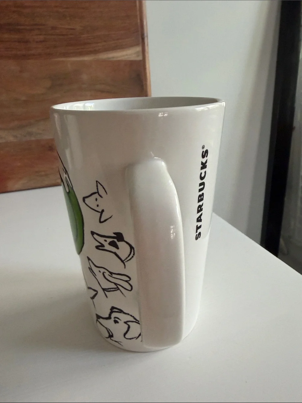 Starbucks White Mug with Bright Green Tennis Ball and Black Dog Sketches 2015